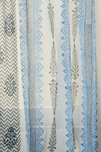 Bering Blue Handblock Printed Cotton Window Curtain