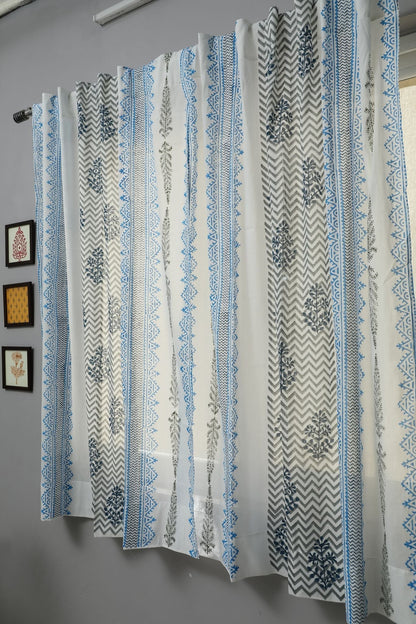 Bering Blue Handblock Printed Cotton Window Curtain