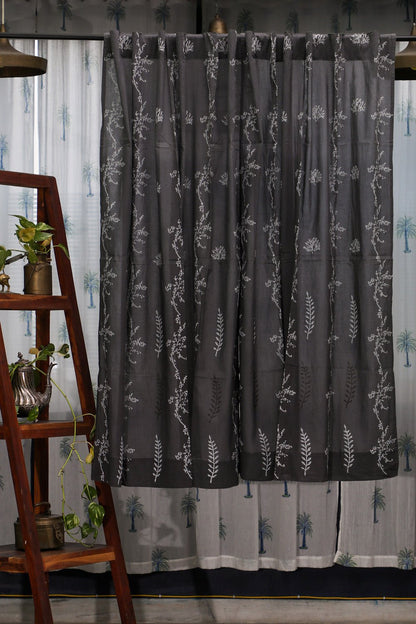 Blooming in Night Handblock Printed Cotton Window Curtain