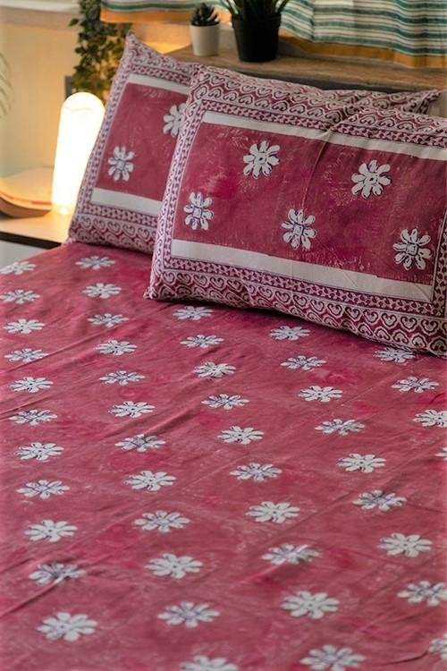 Blooming Pink' Handblock Printed Cotton Bedsheet