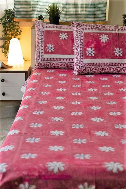 Blooming Pink' Handblock Printed Cotton Bedsheet