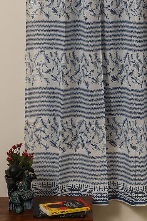 Blue Mesh Handblock Printed Voile Cotton Curtain