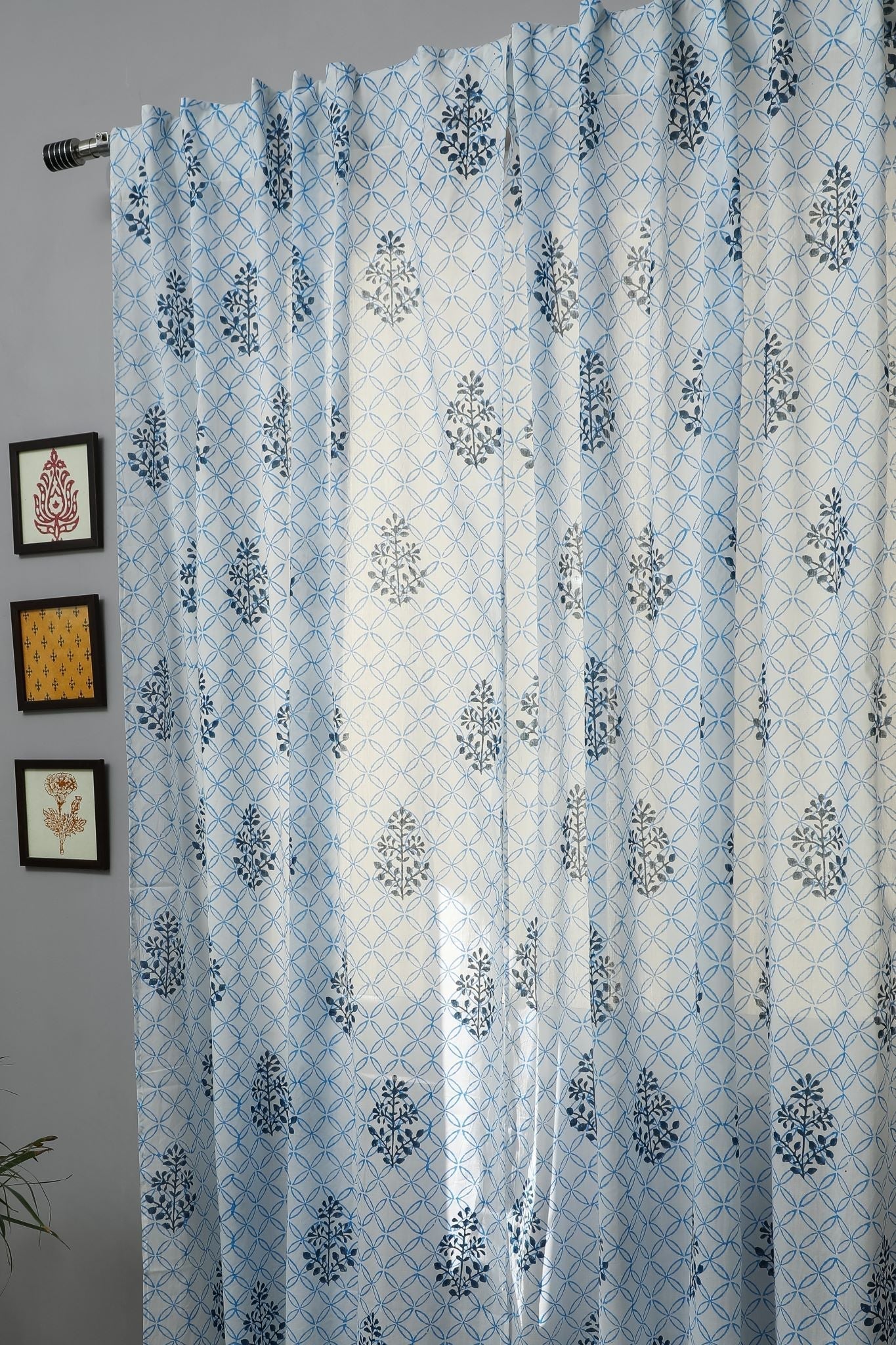 Cabbean Blue Handblock Printed Cotton Door Curtain