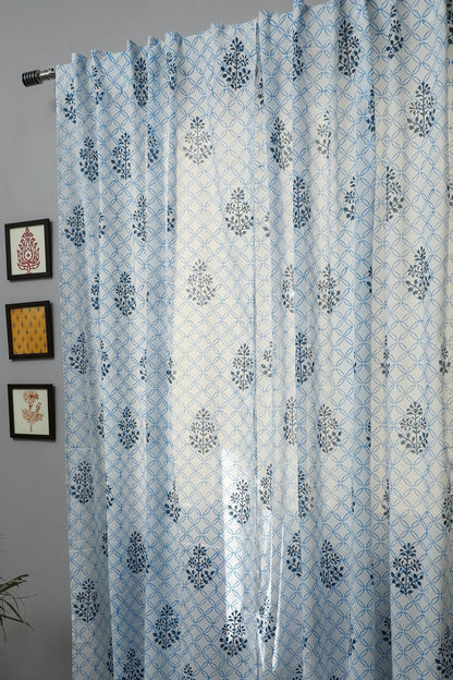 Cabbean Blue Handblock Printed Cotton Door Curtain