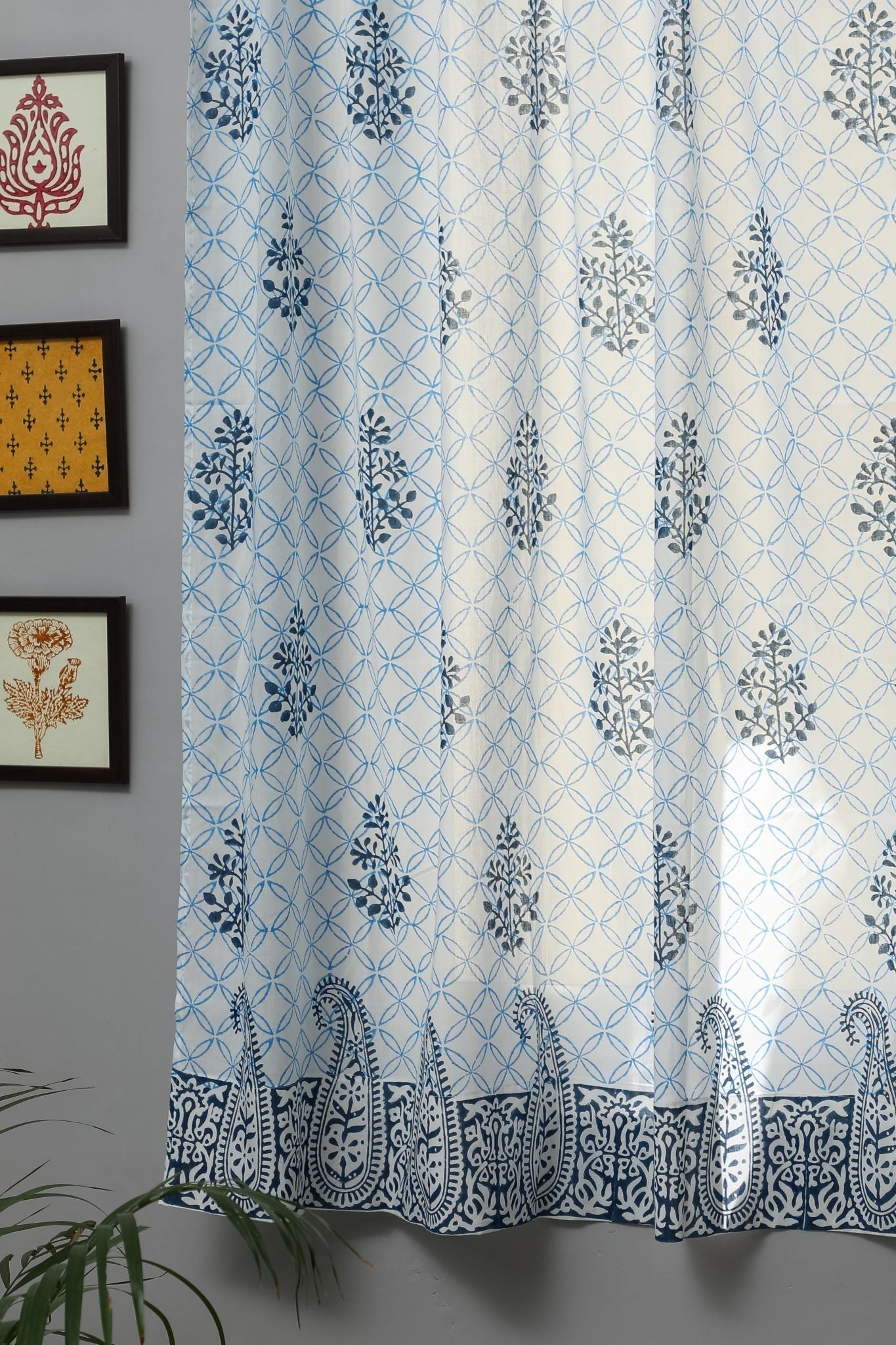 Cabbean Blue Handblock Printed Cotton Window Curtain