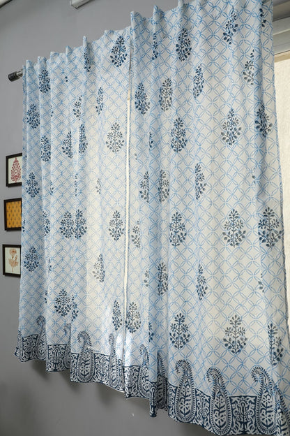 Cabbean Blue Handblock Printed Cotton Window Curtain