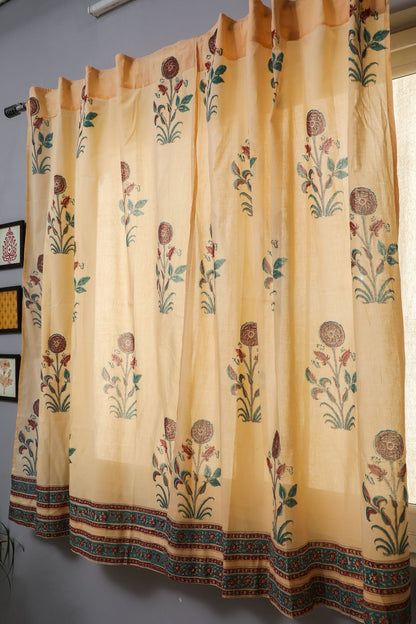 Calendula Red Handblock Printed Cotton Window Curtain