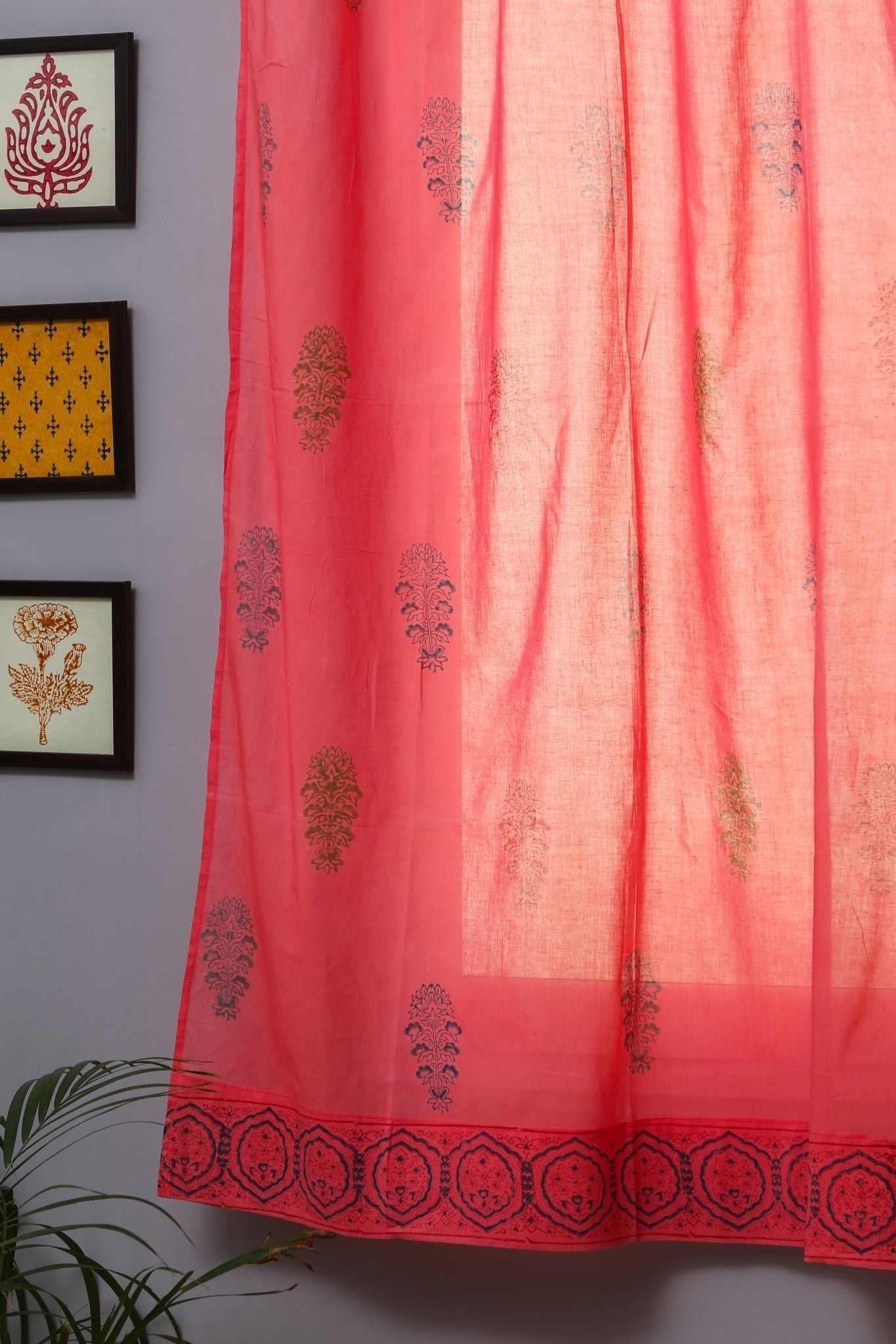 Climbing Orangee Handblock Printed Cotton Window Curtain