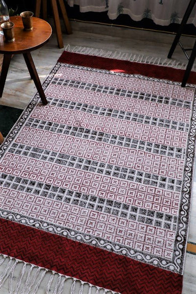 Crimson Crosses' Handblock Printed Cotton Dhurrie Rug