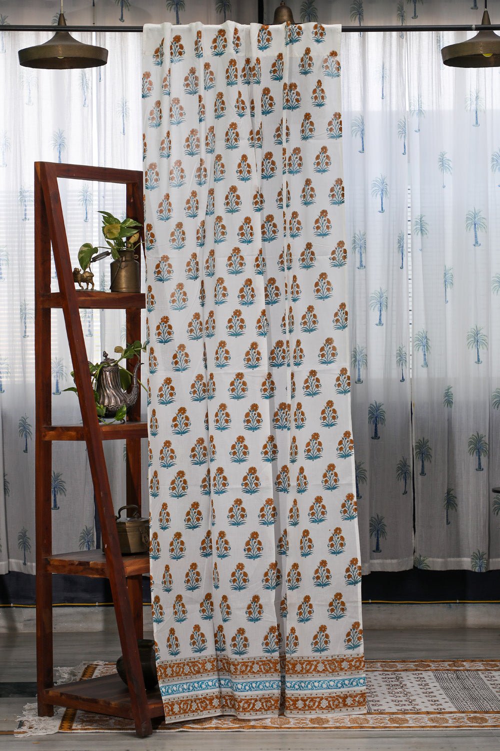 Floral Vases Handblock Printed Cotton Door Curtain