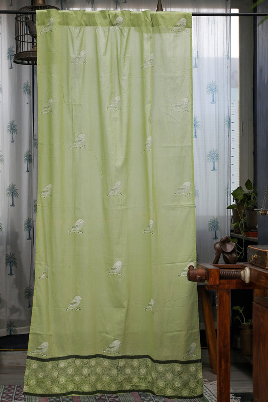 Garden Sparrow- Pastel Green Handblock Printed Cotton Door Curtain