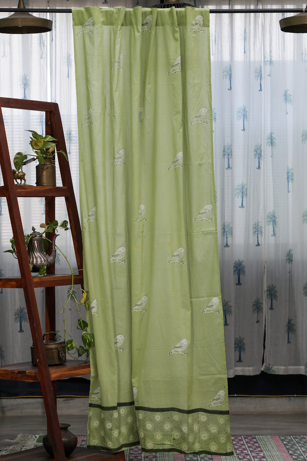 Garden Sparrow- Pastel Green Handblock Printed Cotton Door Curtain