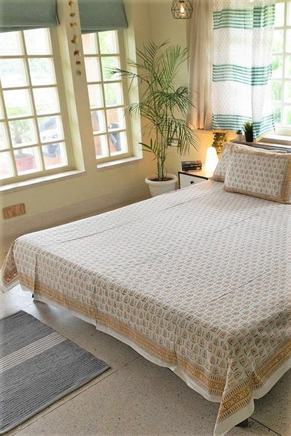 Grassy Golden Handblock Printed Cotton Bedsheet