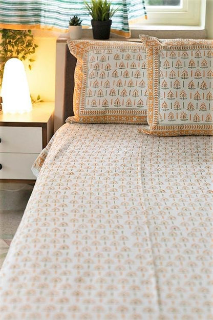 Grassy Golden Handblock Printed Cotton Bedsheet