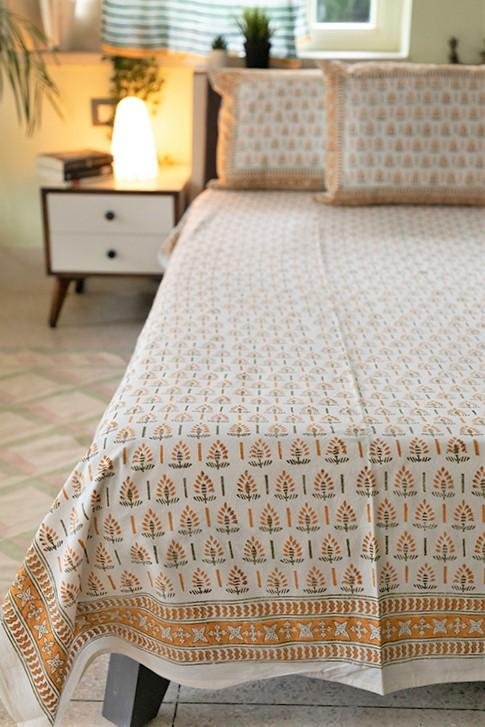 Grassy Golden Handblock Printed Cotton Bedsheet