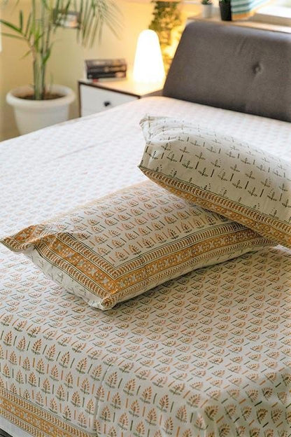 Grassy Golden Handblock Printed Cotton Bedsheet