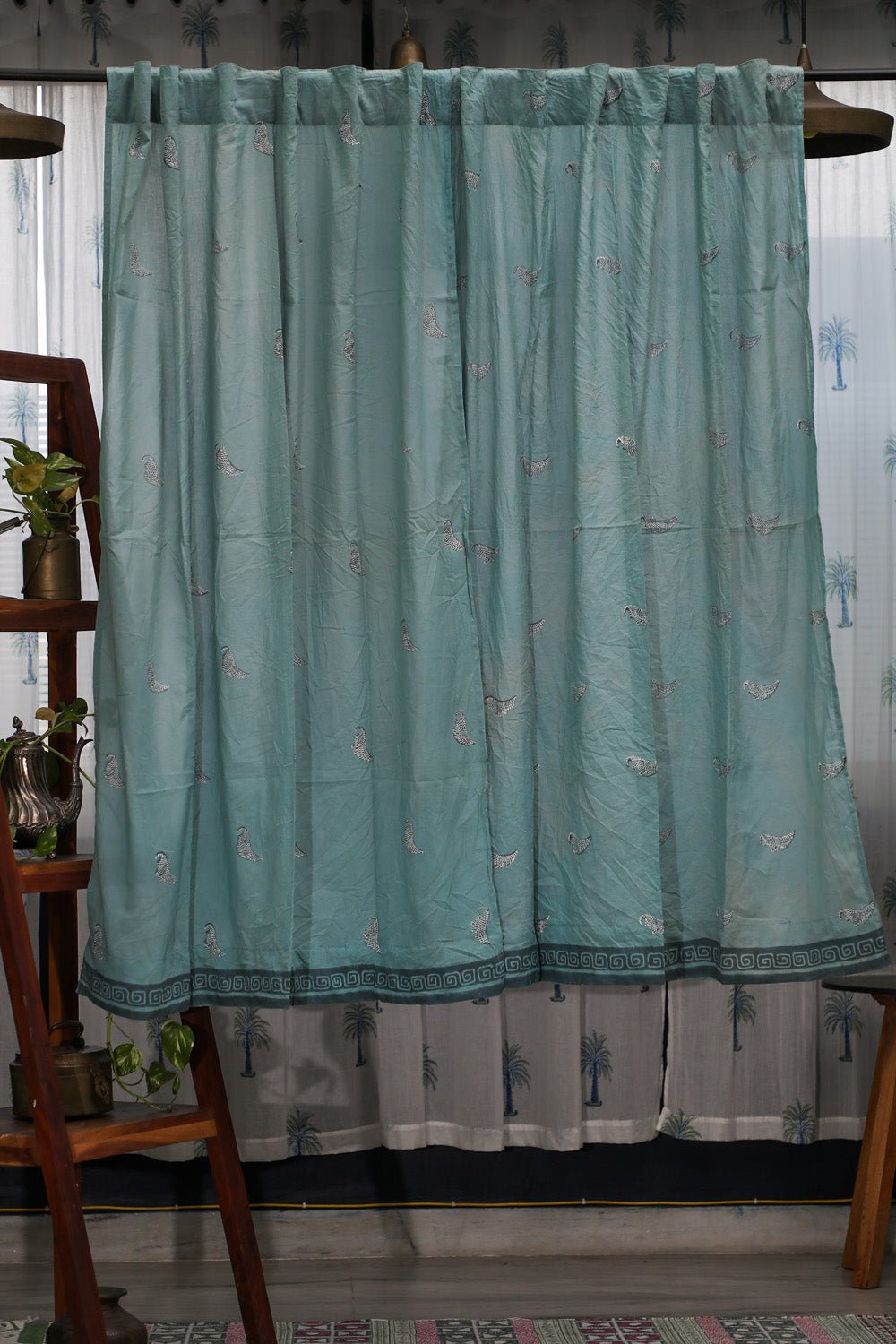 Hiding Sparrow- Pastel Pine Handblock Printed Cotton Window Curtain