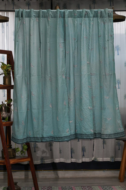 Hiding Sparrow- Pastel Pine Handblock Printed Cotton Window Curtain