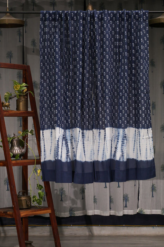 Indigo Blossom Handblock Printed Cotton Window Curtain