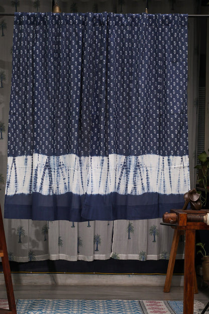 Indigo Blossom Handblock Printed Cotton Window Curtain