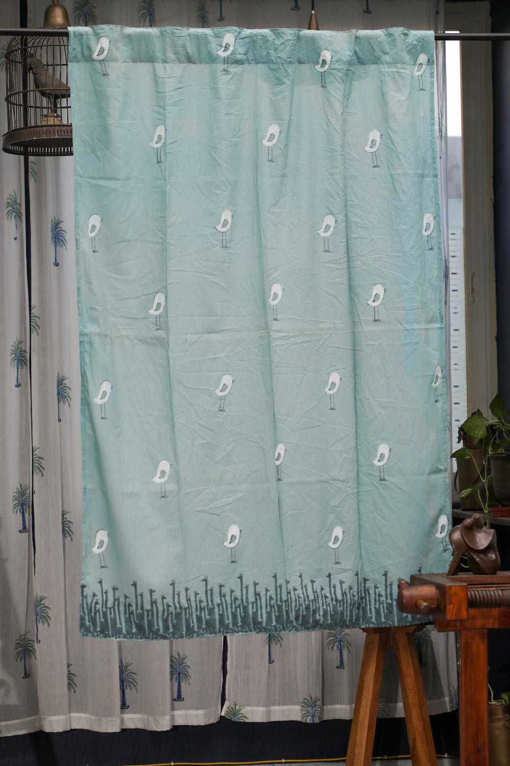 Jungle Tale-Pastel Pine Handblock Printed Cotton Window Curtain