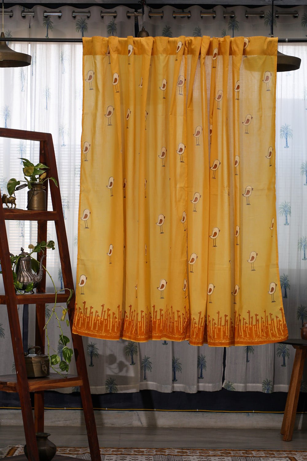 Jungle Tale-Pastel Yellow Handblock Printed Cotton Window Curtain