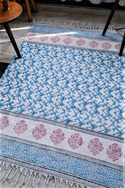 Ocean on Floor' Handblock Printed Cotton Dhurrie Rug