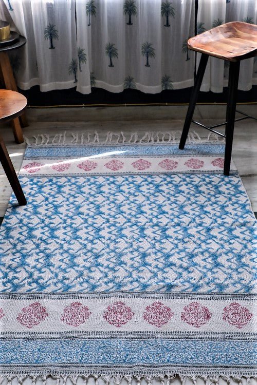 Ocean on Floor' Handblock Printed Cotton Dhurrie Rug