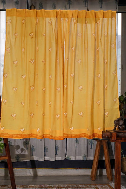 Pastel Lotus Handblock Printed Cotton Window Curtain