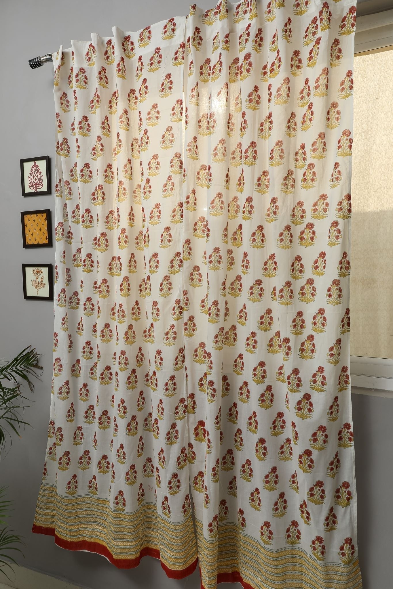 Red Daisy Handblock Printed Cotton Door Curtain