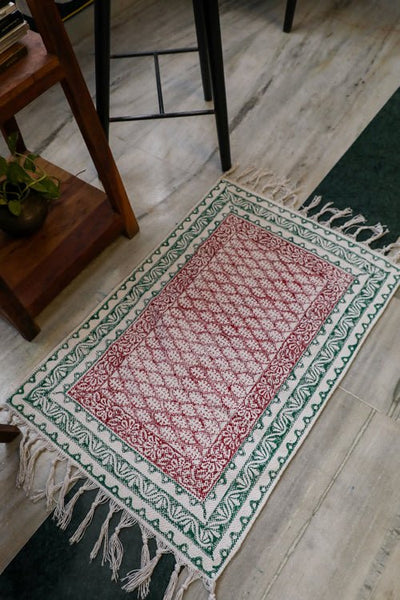 Red Garden' Handblock Printed Cotton Dhurrie Rug