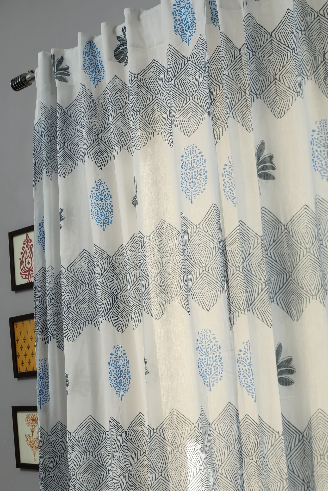 Weddell Blue Handblock Printed Cotton Door Curtain