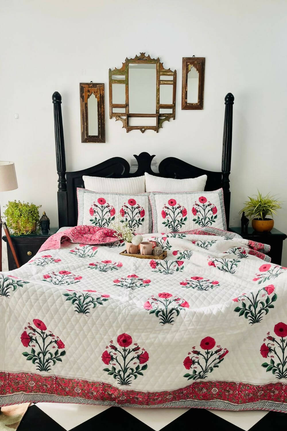 Pink Poppy Handblock Printed Reversible Quilted Bedcover