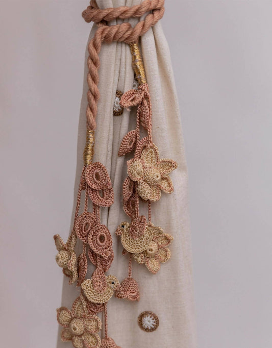 Crochet Curtain Tie Backs Set Kono Beige Flowers & Birds