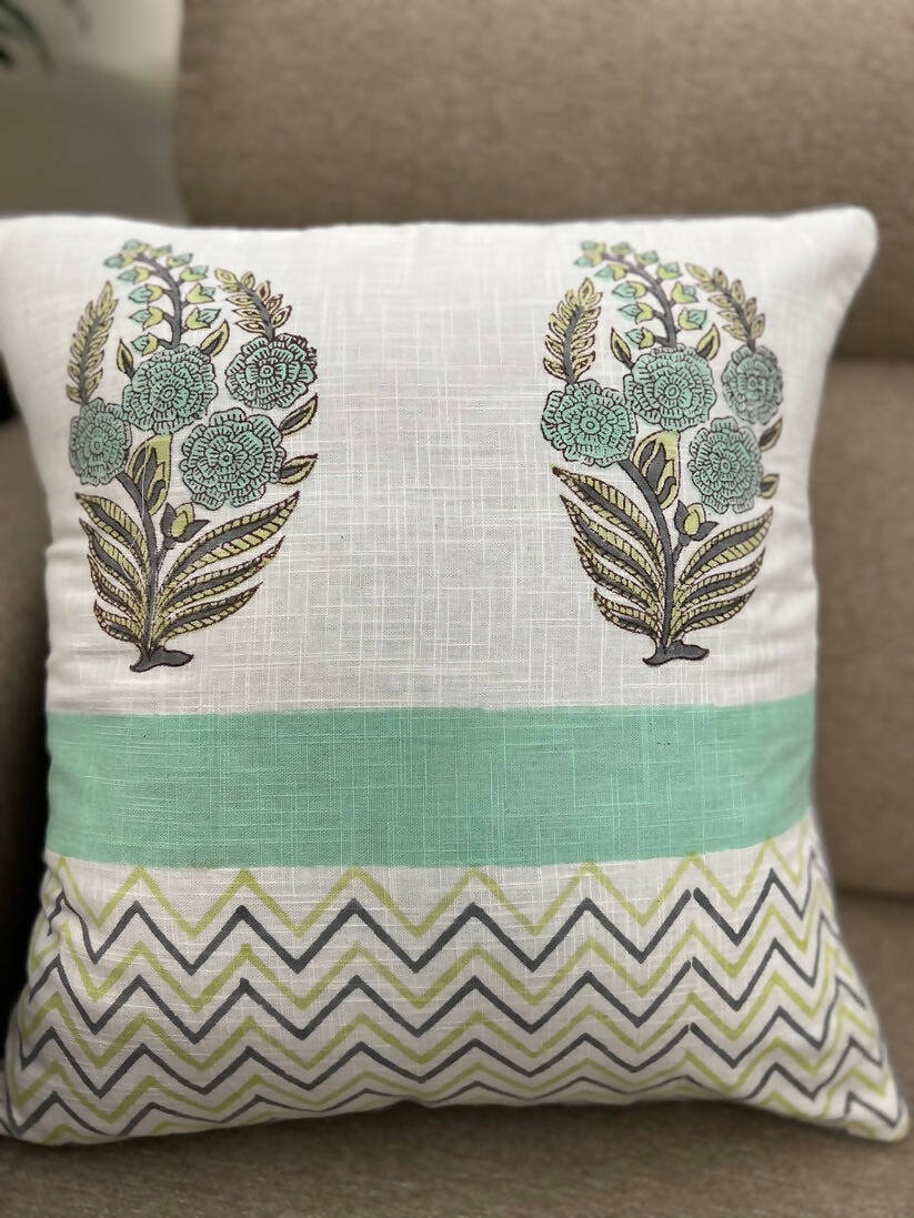 Slub Cotton Cushion Cover| Aqua Green Zig-Zag (Set of 2)