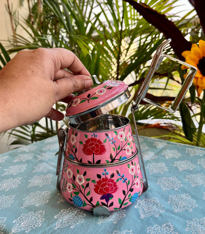 Pink hand painted 2 Tier Stainless Steel Tiffin