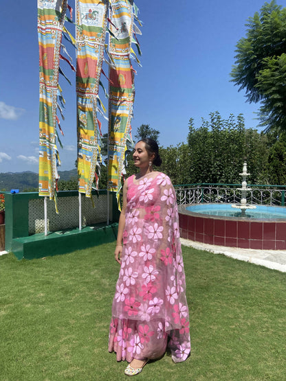 Riko- Pink Handpainted Organza Saree