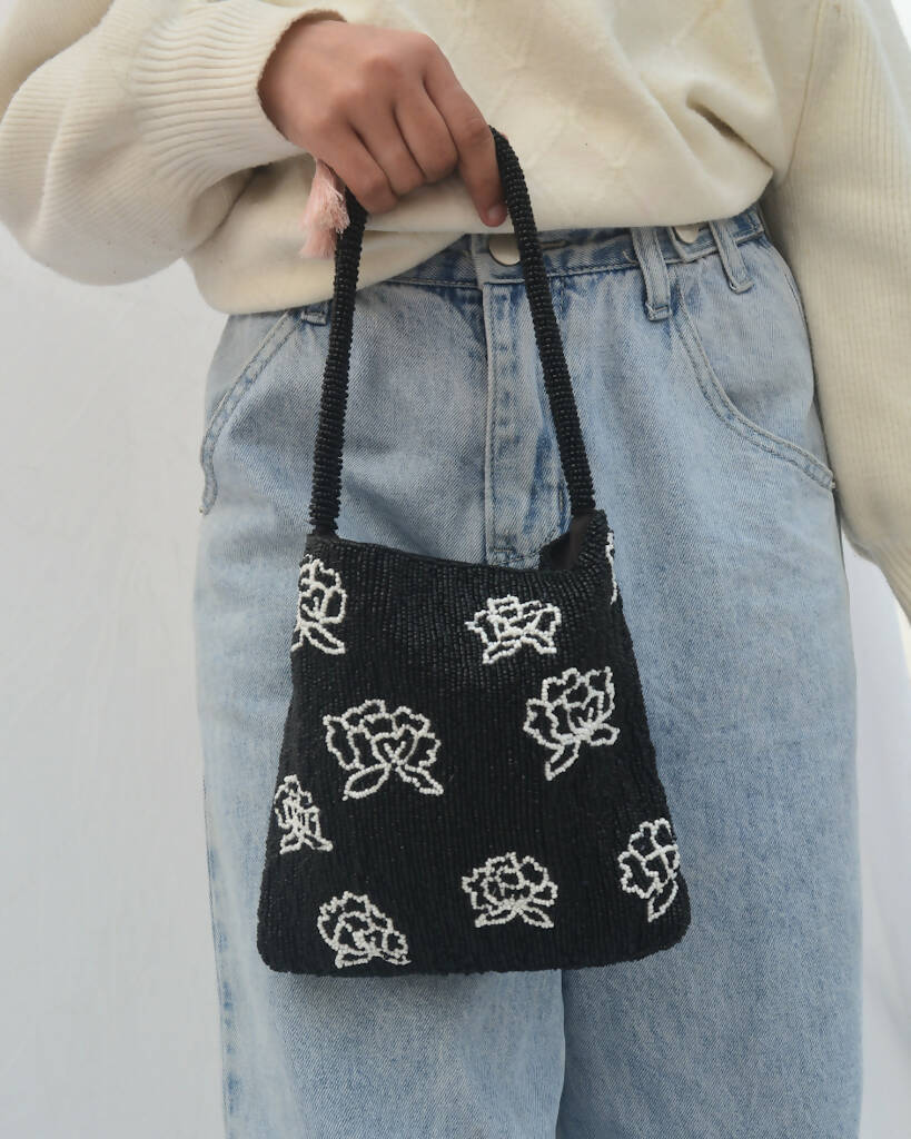 Rose Beaded Bag in Black