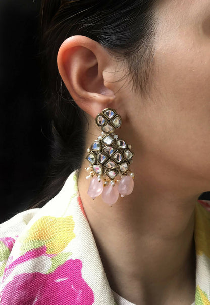 Natural Stone and Kundan Chandelier Earrings