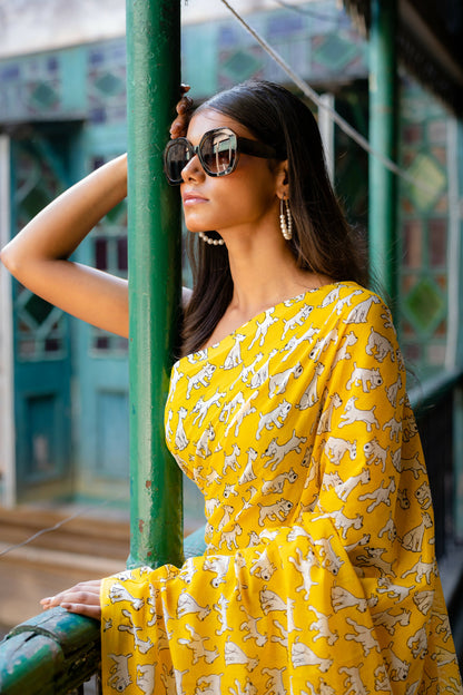 Snowy Yellow Cotton Printed Saree