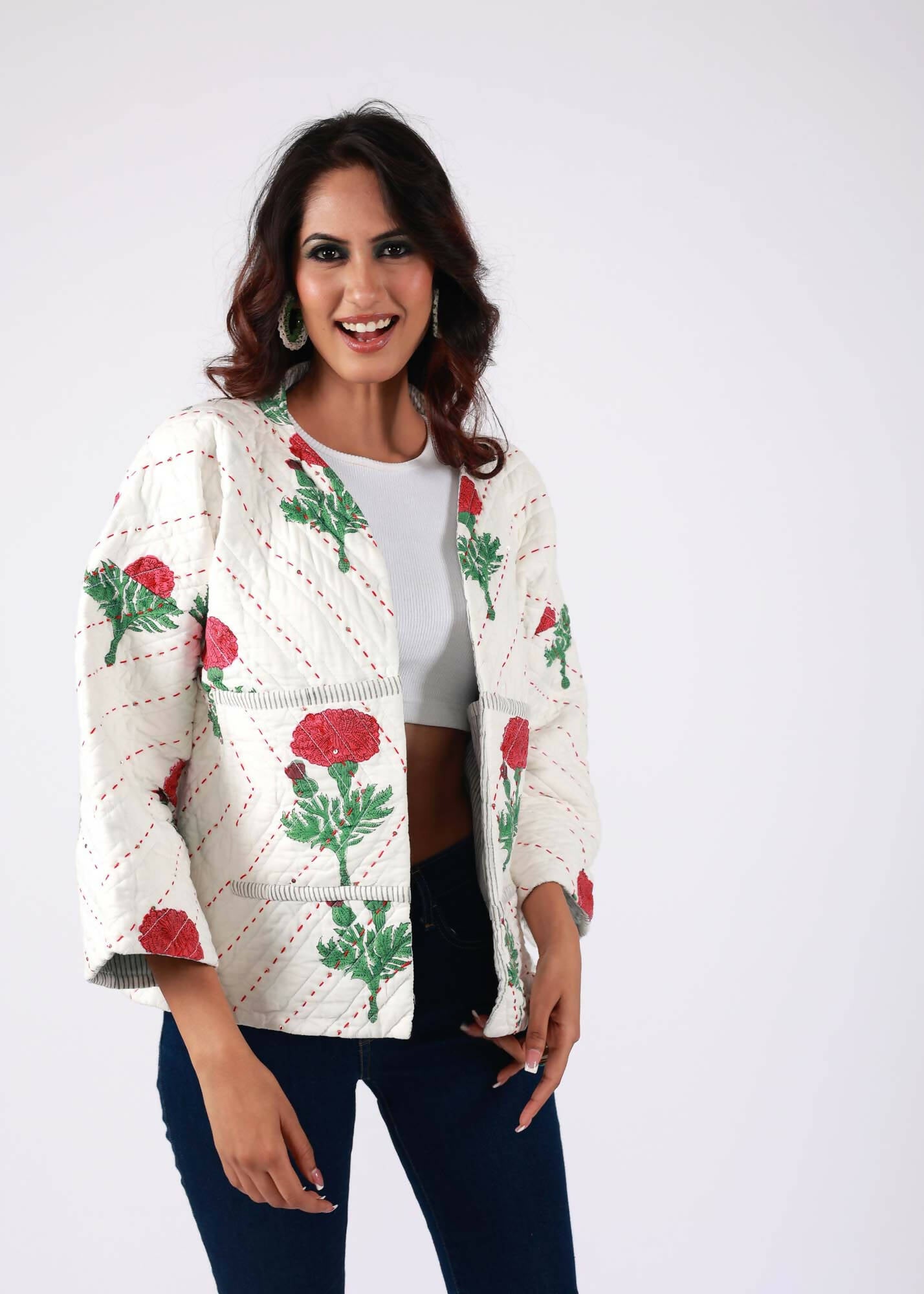 Swan Handblock Printed Ivory Jacket