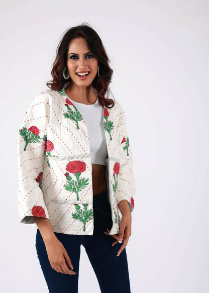 Swan Handblock Printed Ivory Jacket