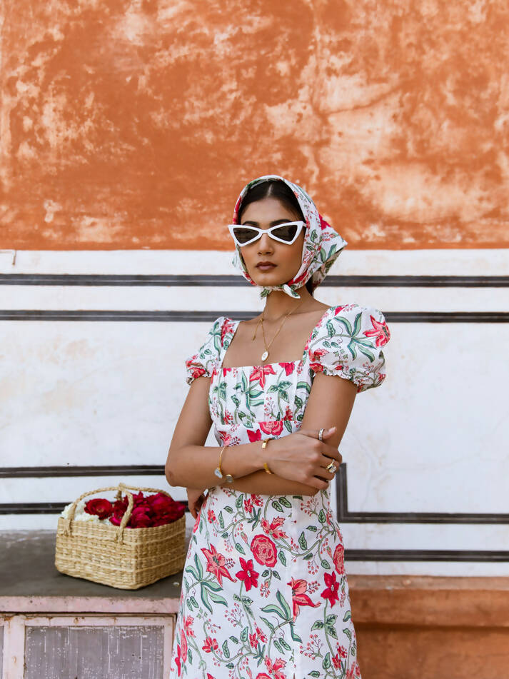 Raspberry & Rose Dress - Printed Cotton Dress