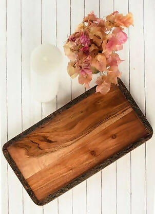 Serving Wooden Tray With Bark Finish