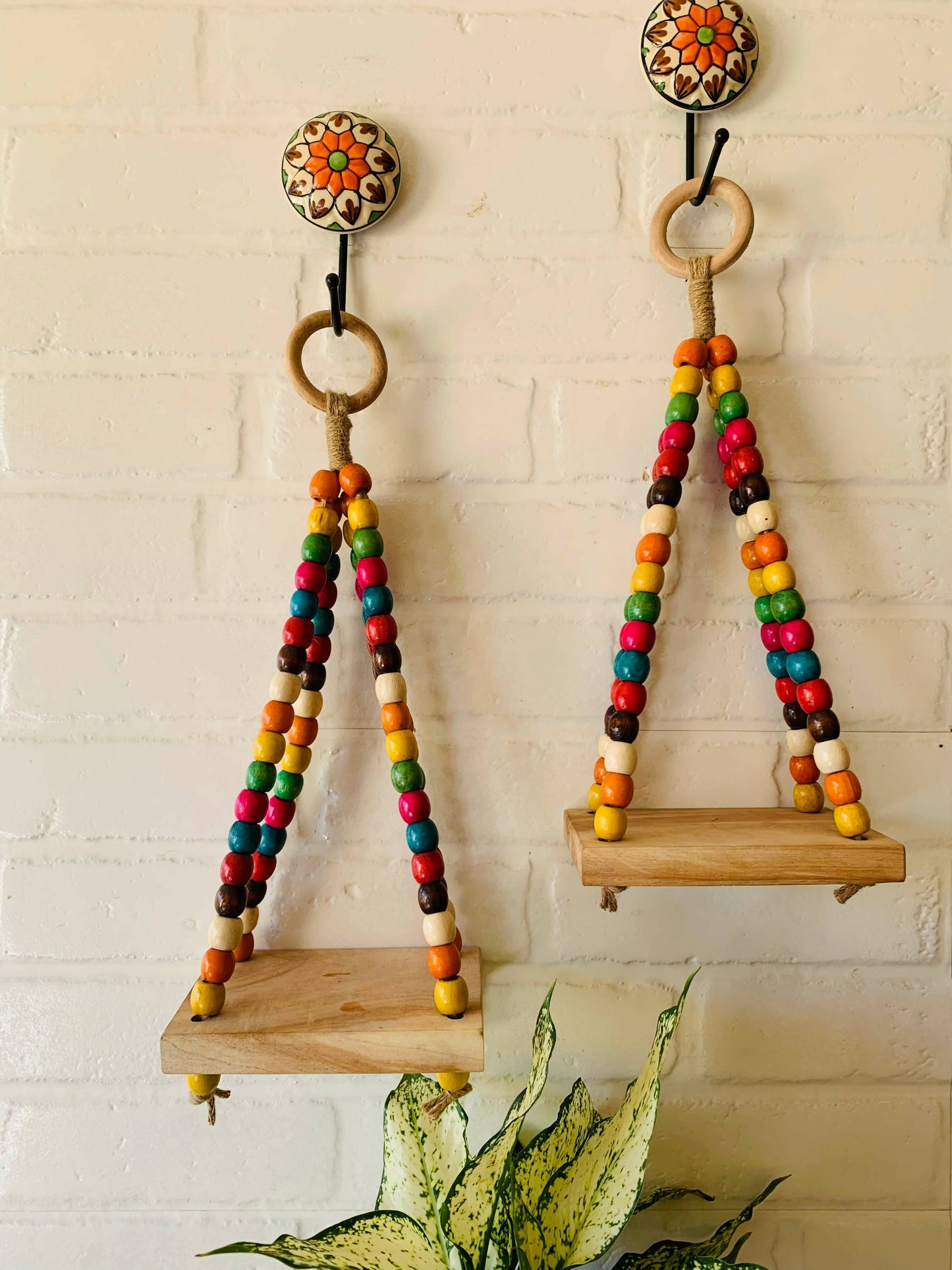 Colorful Beaded Mini Shelves With Ceramic Hooks And White Mini Ceramic Bottles