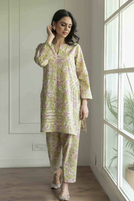 Two Piece Printed Mehendi Kurta Pant Set