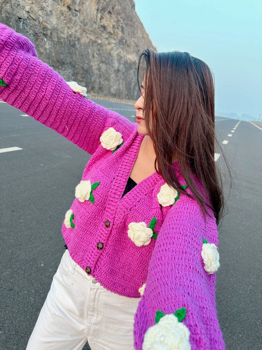 Voilet White Rose Crochet Sweater