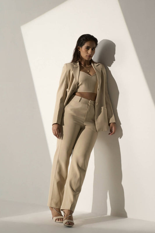 Stronger Now Beige Blazer With Straight Pants Set