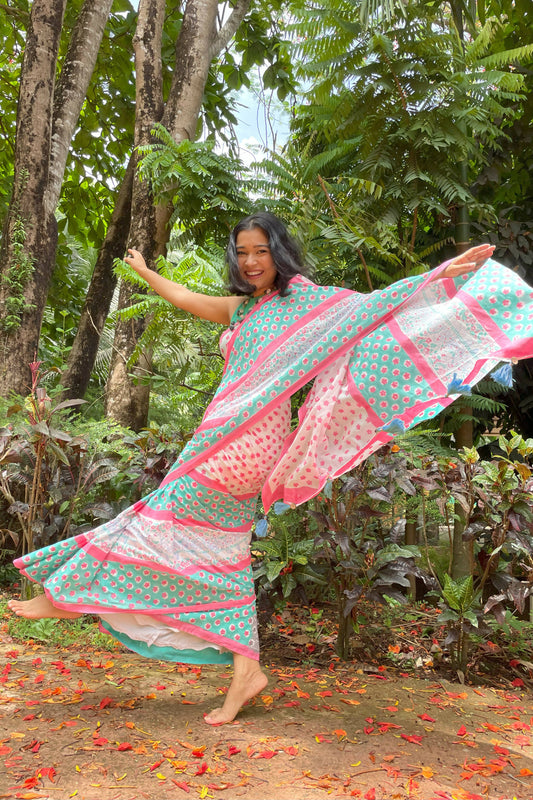 Kingfisher Hand Printed Mul Cotton Saree