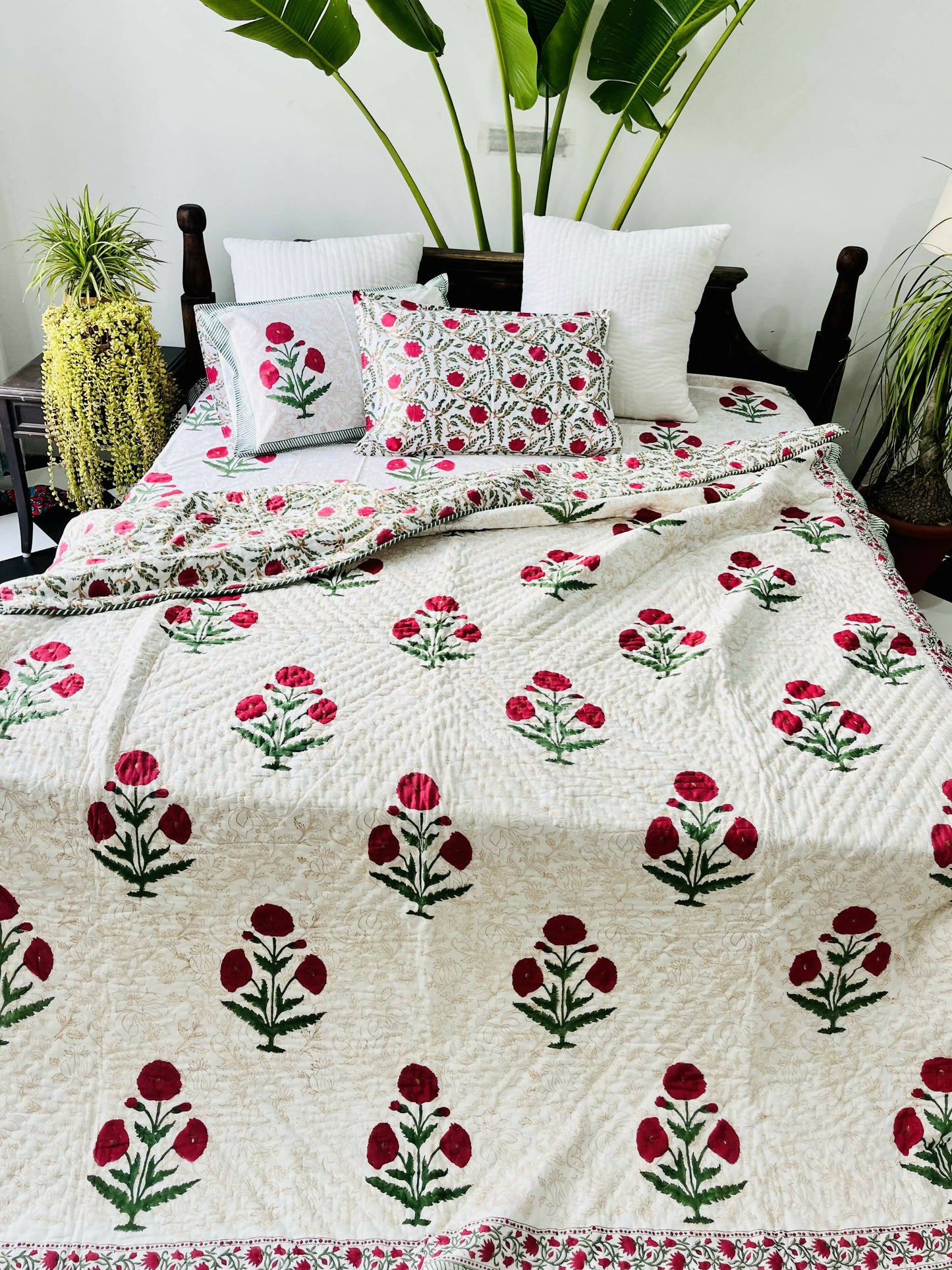 Red Poppy Hand Block Printed Cotton Bedding Set